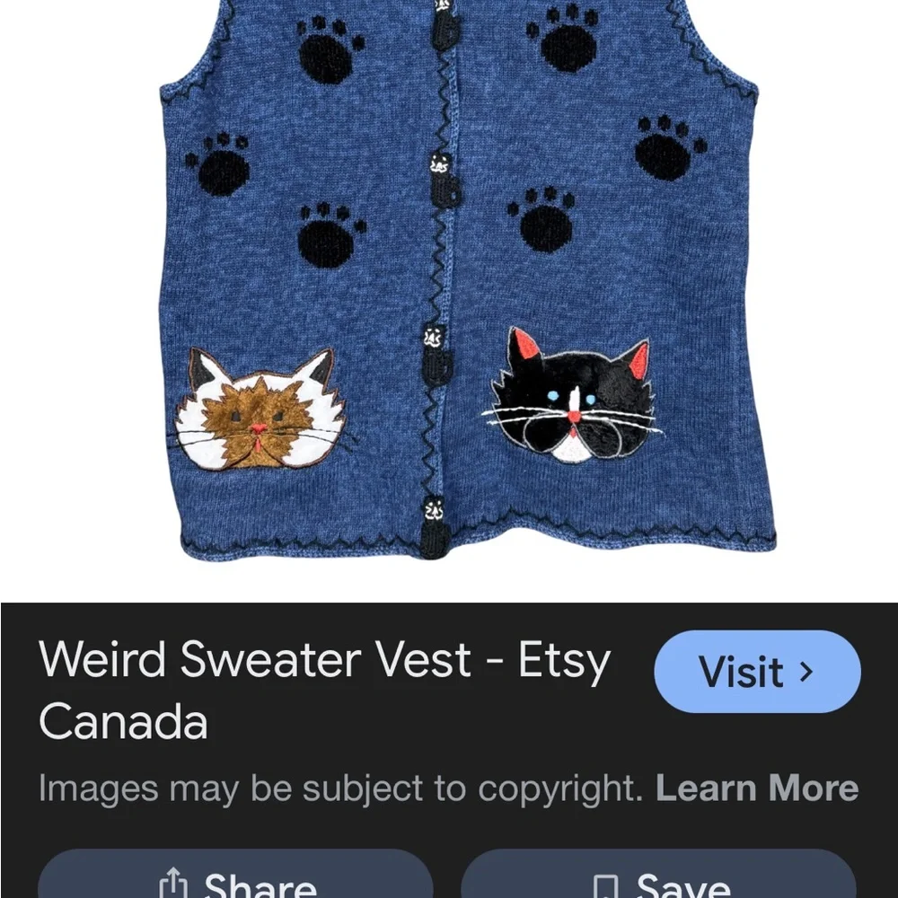 Cottagecore Rainbow Bridge Blue Vintage Knit Blue Sweater Vest with cats M-L - Picture 12 of 14